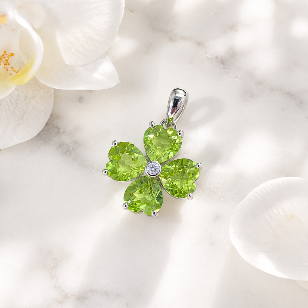 Natural Peridot Four-Leaf Clover Pendant in 925 Sterling Silver, 6mm Heart-Cut Gemstones