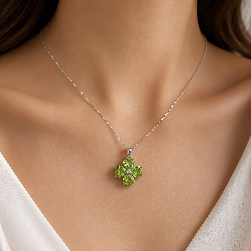 Natural Peridot Four-Leaf Clover Pendant in 925 Sterling Silver, 6mm Heart-Cut Gemstones