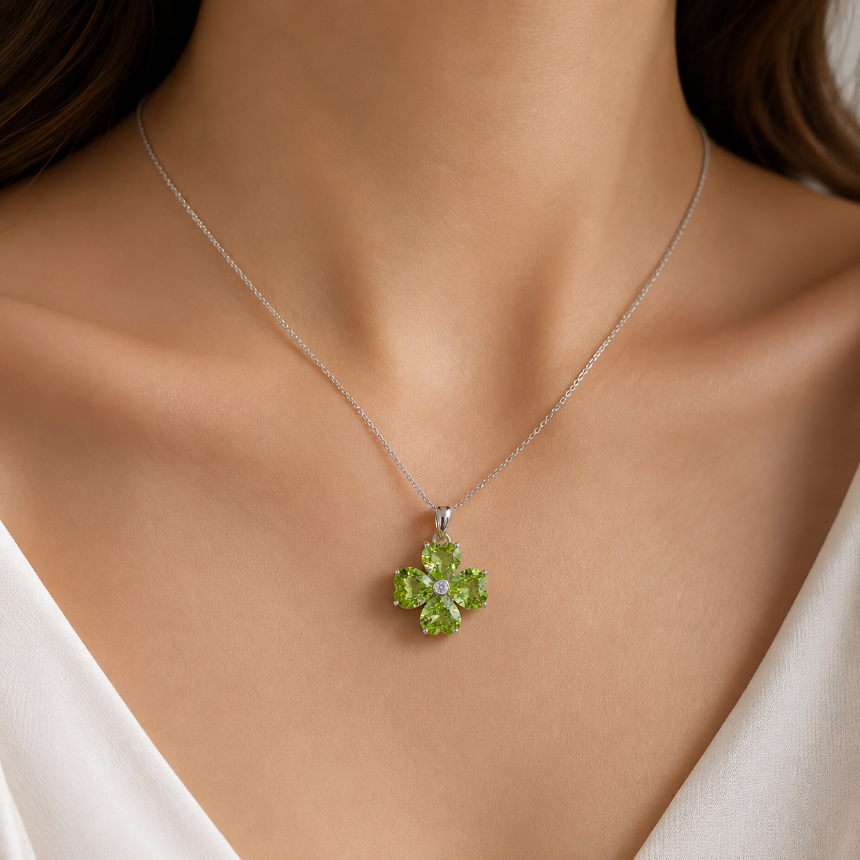 Natural Peridot Four-Leaf Clover Pendant in 925 Sterling Silver, 6mm Heart-Cut Gemstones