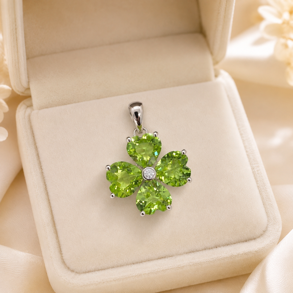 Natural Peridot Four-Leaf Clover Pendant in 925 Sterling Silver, 6mm Heart-Cut Gemstones