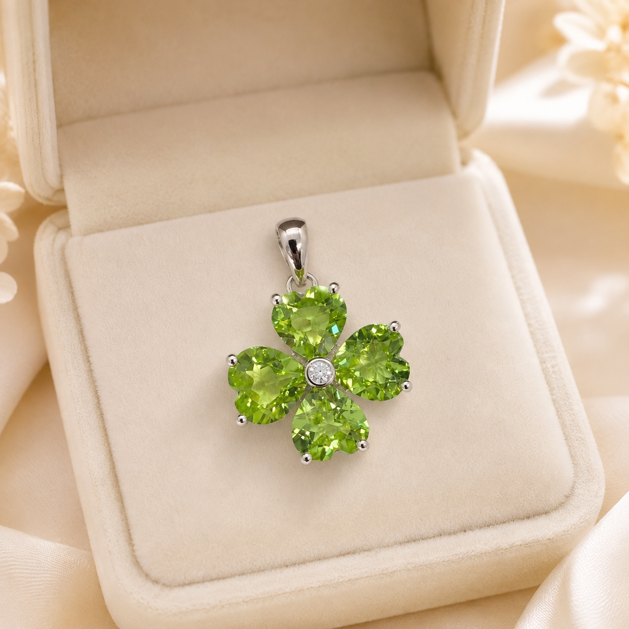 Natural Peridot Four-Leaf Clover Pendant in 925 Sterling Silver, 6mm Heart-Cut Gemstones
