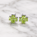 Natural Peridot Four-Leaf Clover Stud Earrings in 925 Sterling Silver, 4mm Heart-Cut Gemstones