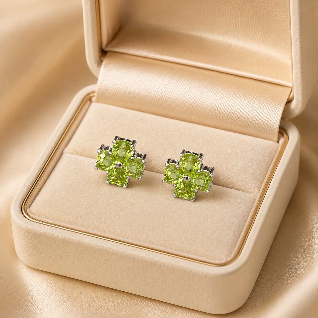 Natural Peridot Four-Leaf Clover Stud Earrings in 925 Sterling Silver, 4mm Heart-Cut Gemstones