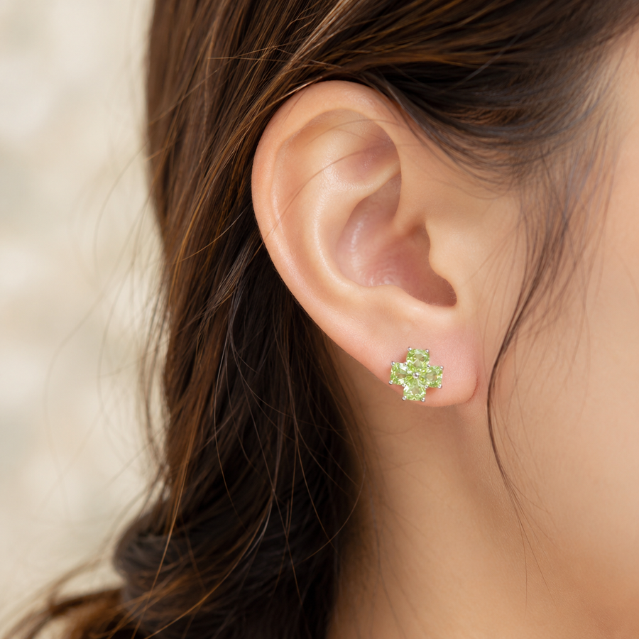 Natural Peridot Four-Leaf Clover Stud Earrings in 925 Sterling Silver, 4mm Heart-Cut Gemstones