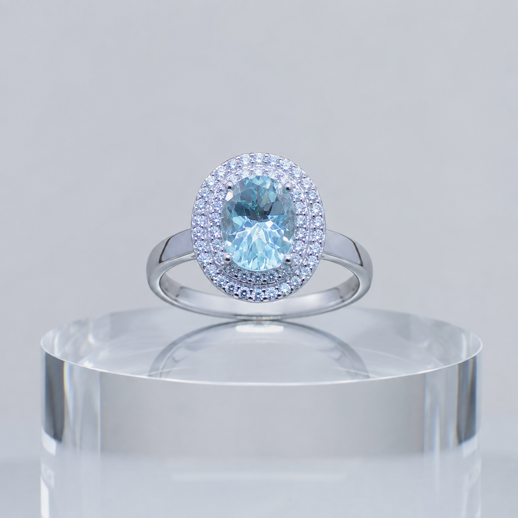 Natural Aquamarine Halo Ring in 925 Sterling Silver, 6x8mm Gemstone