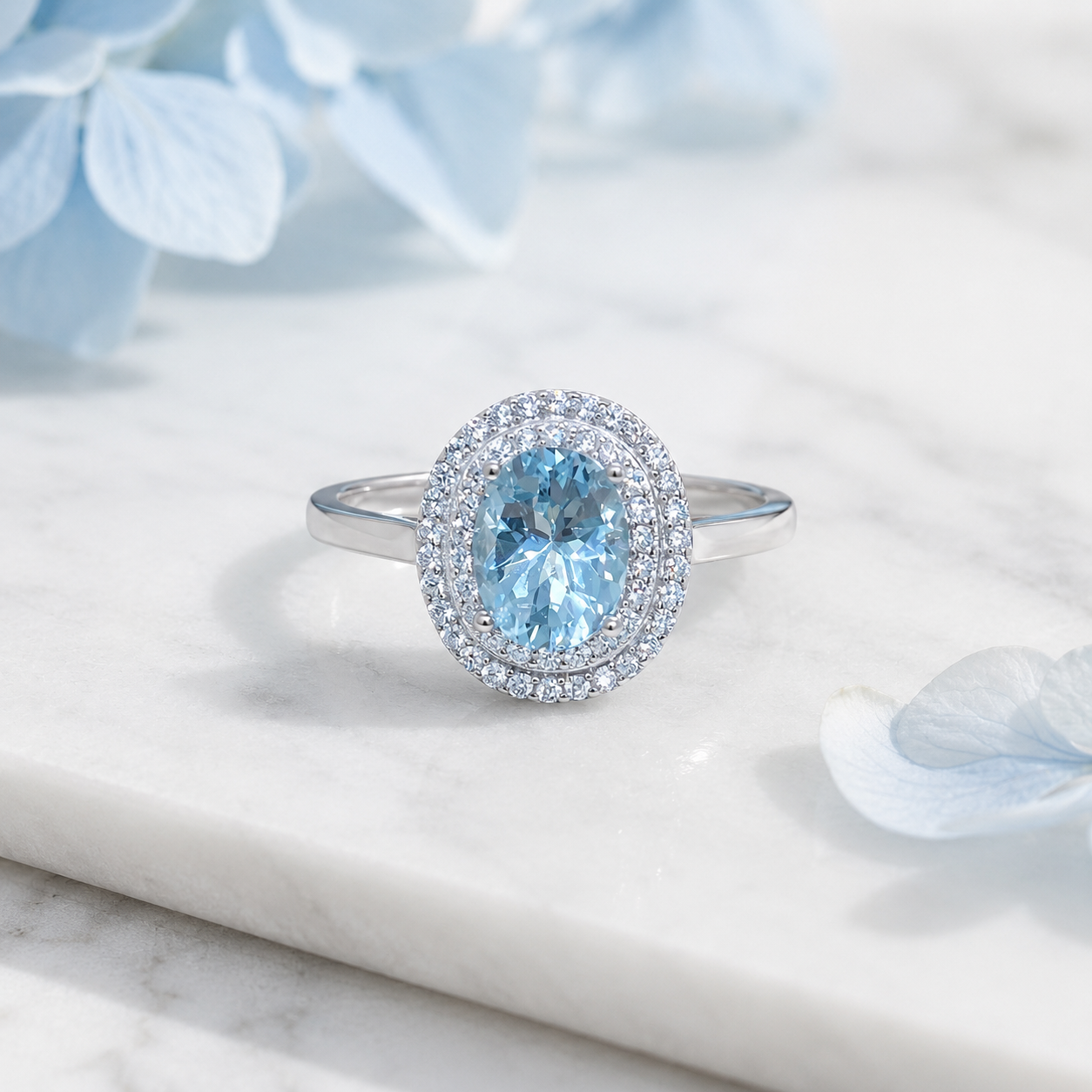 Natural Aquamarine Halo Ring in 925 Sterling Silver, 6x8mm Gemstone