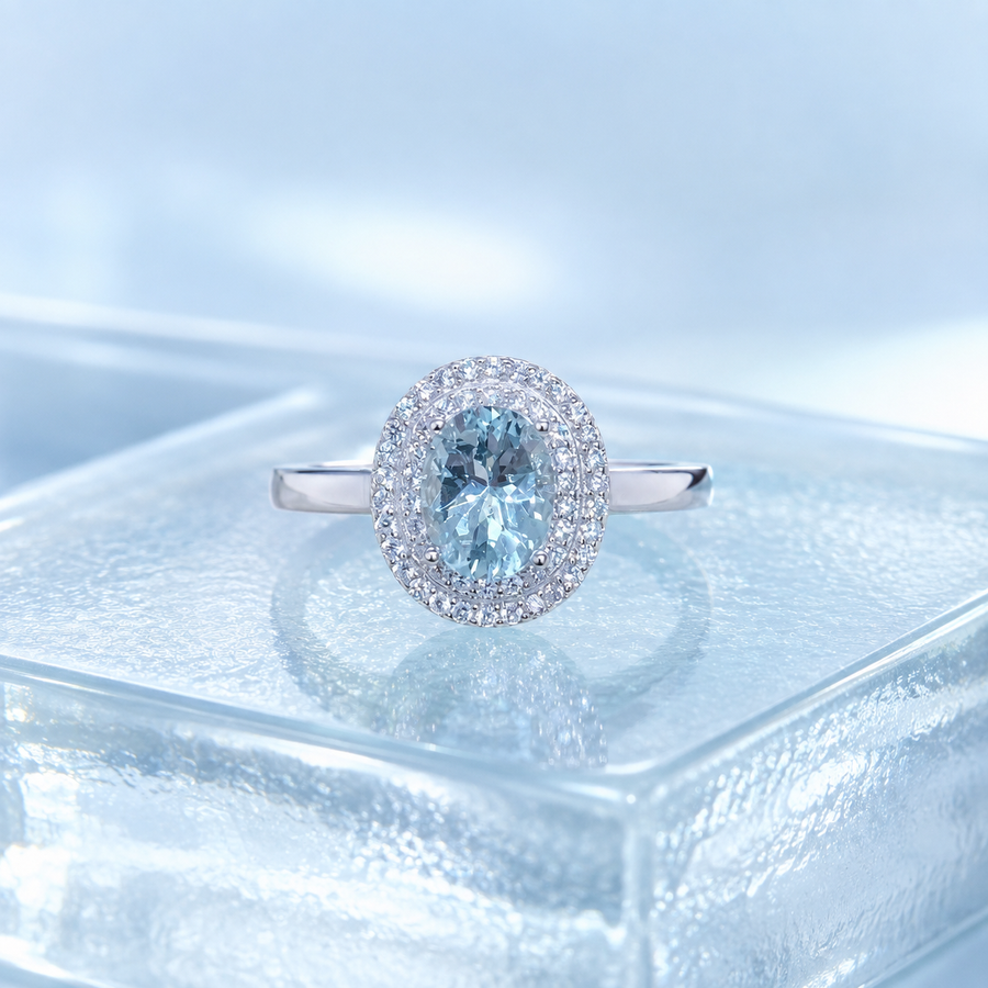 Natural Aquamarine Halo Ring in 925 Sterling Silver, 6x8mm Gemstone