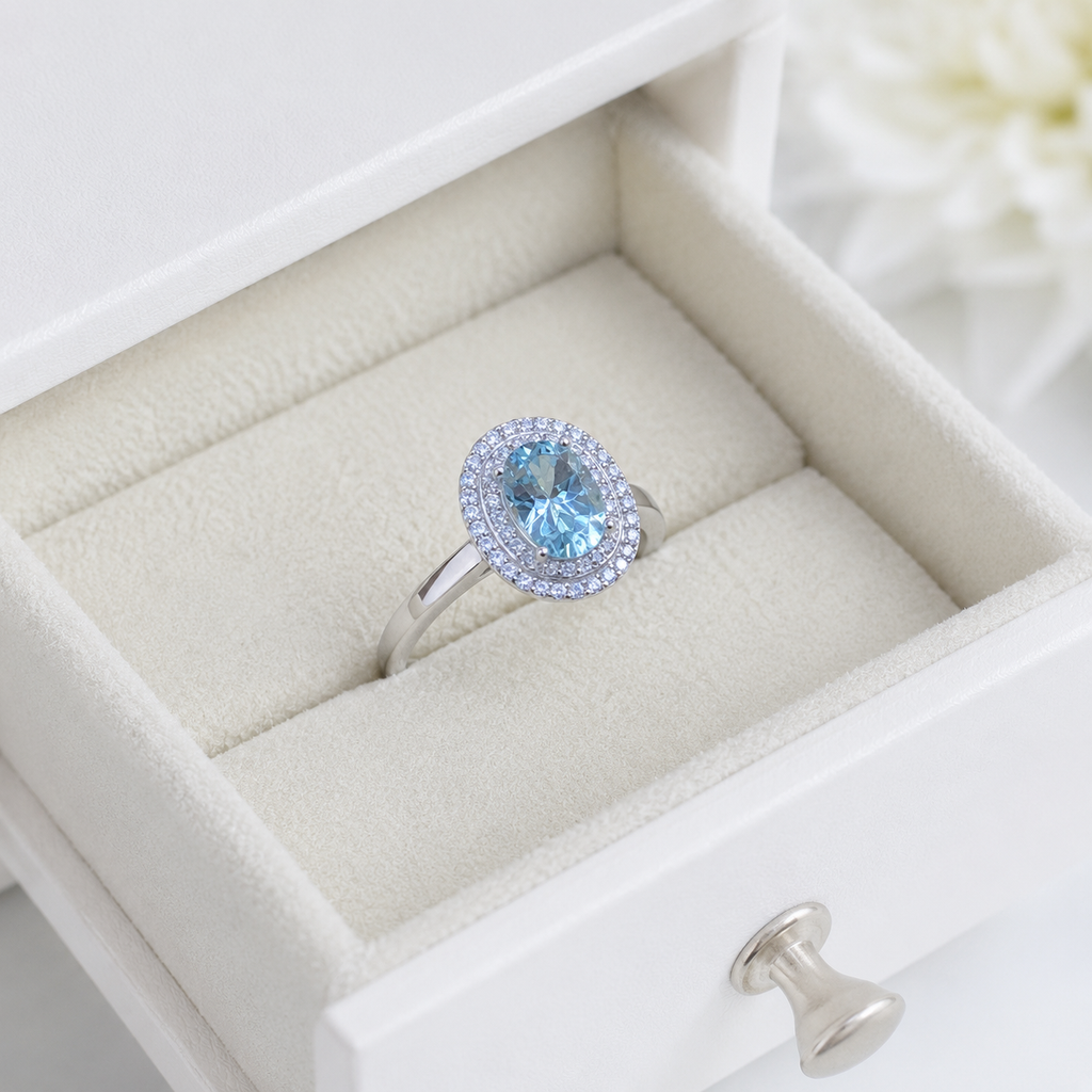 Natural Aquamarine Halo Ring in 925 Sterling Silver, 6x8mm Gemstone