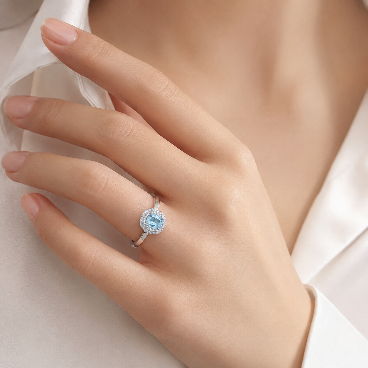 Natural Aquamarine Halo Ring in 925 Sterling Silver, 6x8mm Gemstone