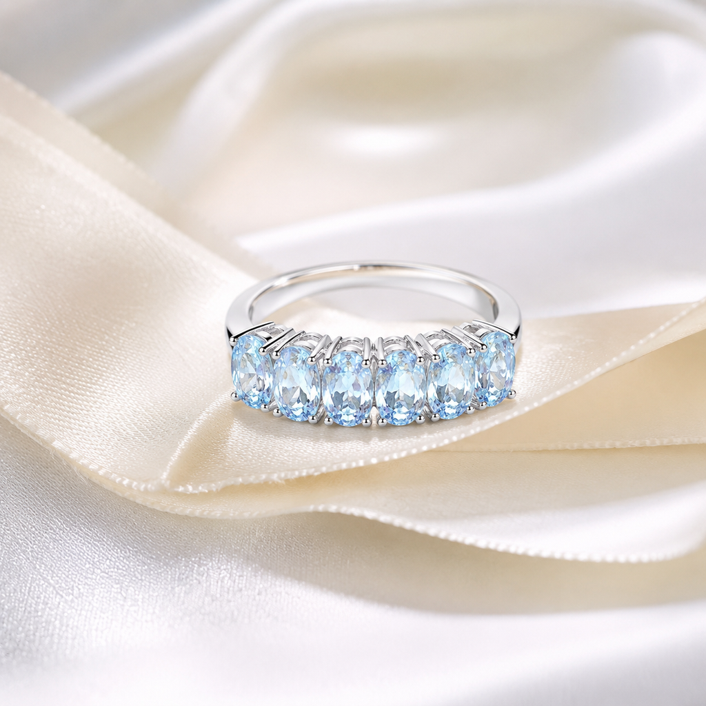 Natural Aquamarine Half-Eternity Ring in 925 Sterling Silver, 3x5mm Gemstones