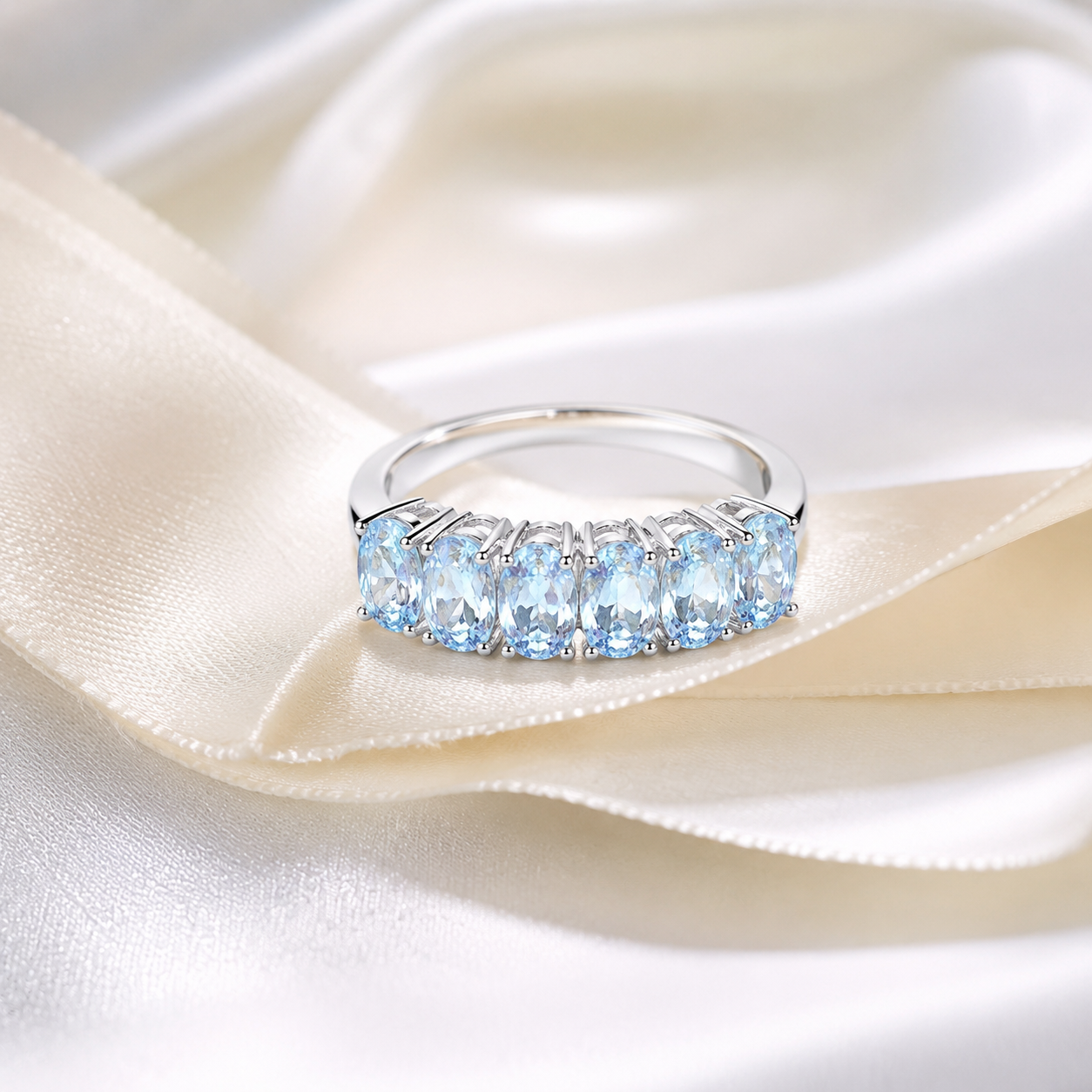 Natural Aquamarine Half-Eternity Ring in 925 Sterling Silver, 3x5mm Gemstones