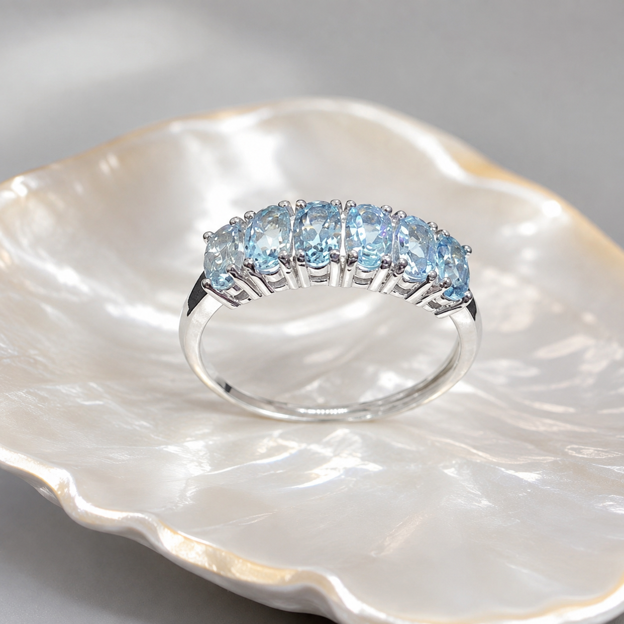 Natural Aquamarine Half-Eternity Ring in 925 Sterling Silver, 3x5mm Gemstones