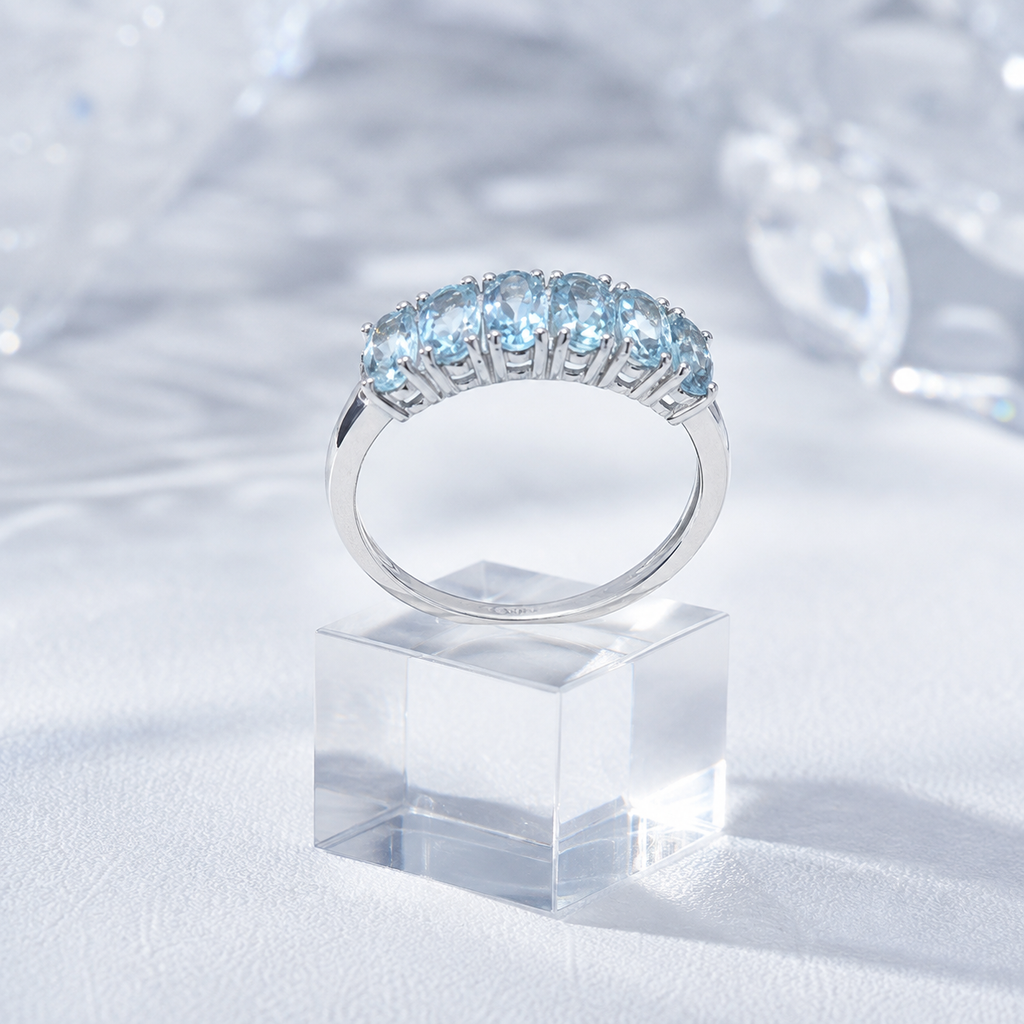 Natural Aquamarine Half-Eternity Ring in 925 Sterling Silver, 3x5mm Gemstones