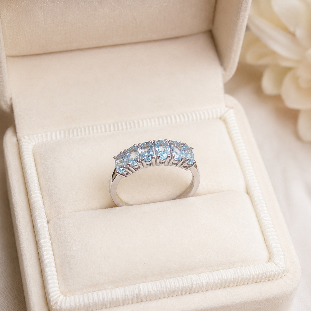 Natural Aquamarine Half-Eternity Ring in 925 Sterling Silver, 3x5mm Gemstones