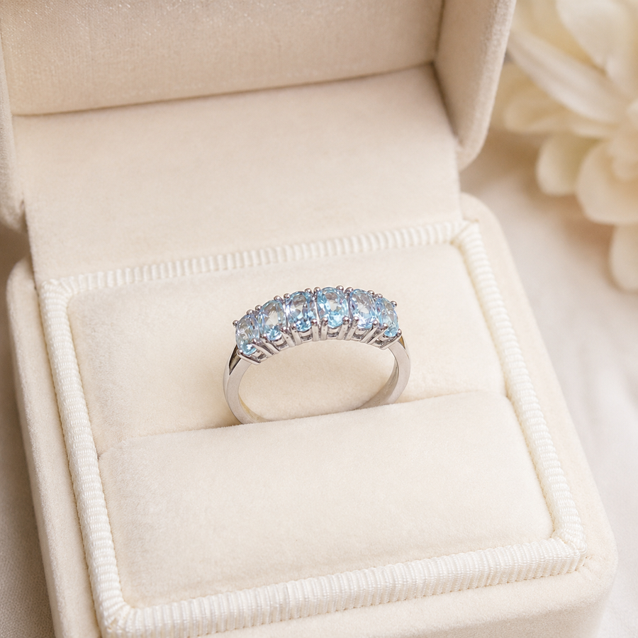 Natural Aquamarine Half-Eternity Ring in 925 Sterling Silver, 3x5mm Gemstones