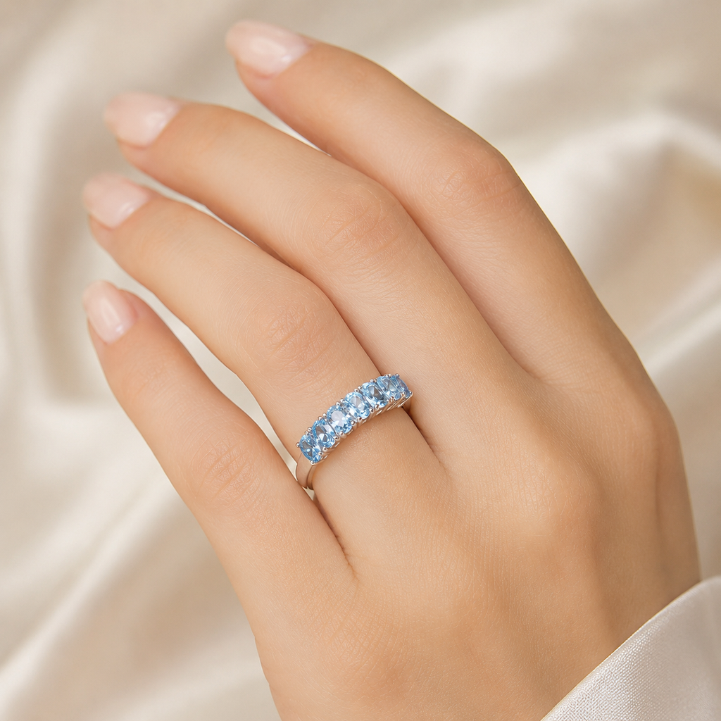 Natural Aquamarine Half-Eternity Ring in 925 Sterling Silver, 3x5mm Gemstones