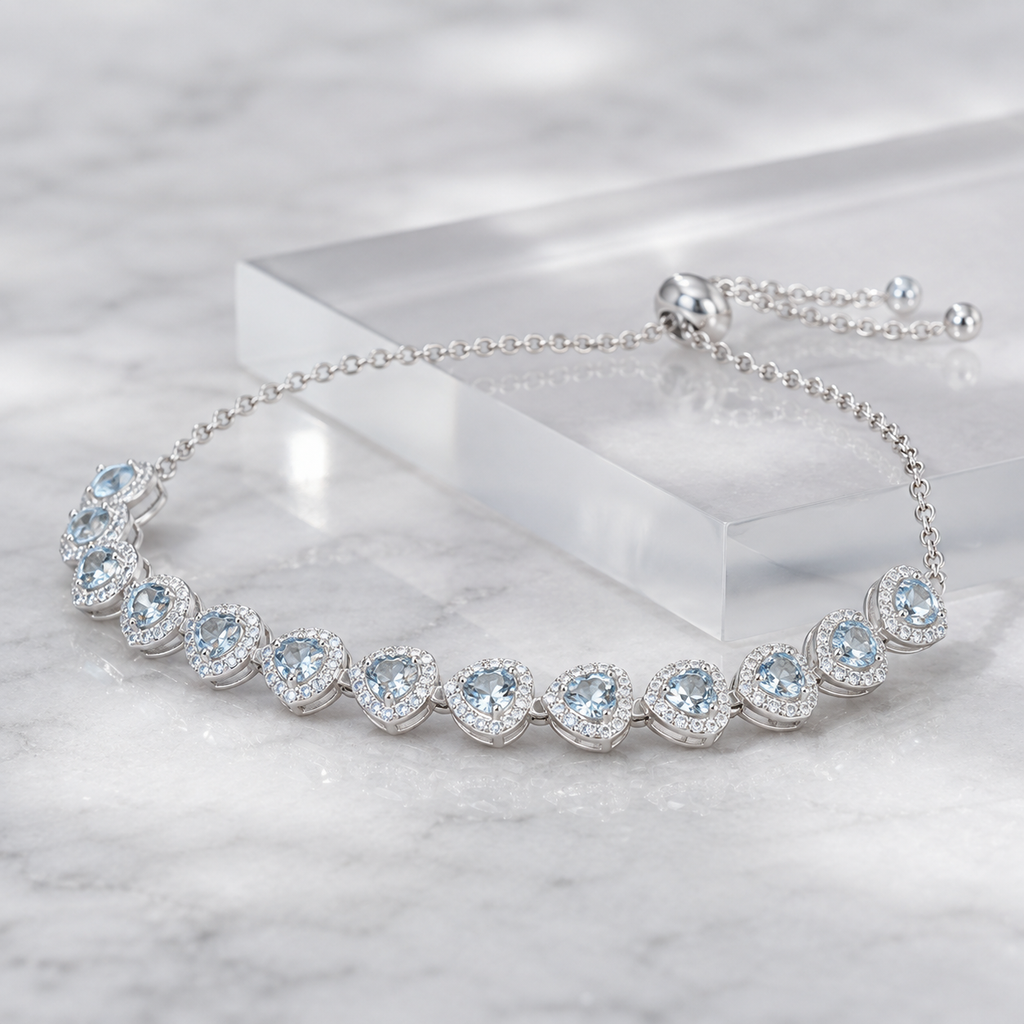 Natural Aquamarine Heart Bracelet in 925 Sterling Silver, 4mm Gemstones