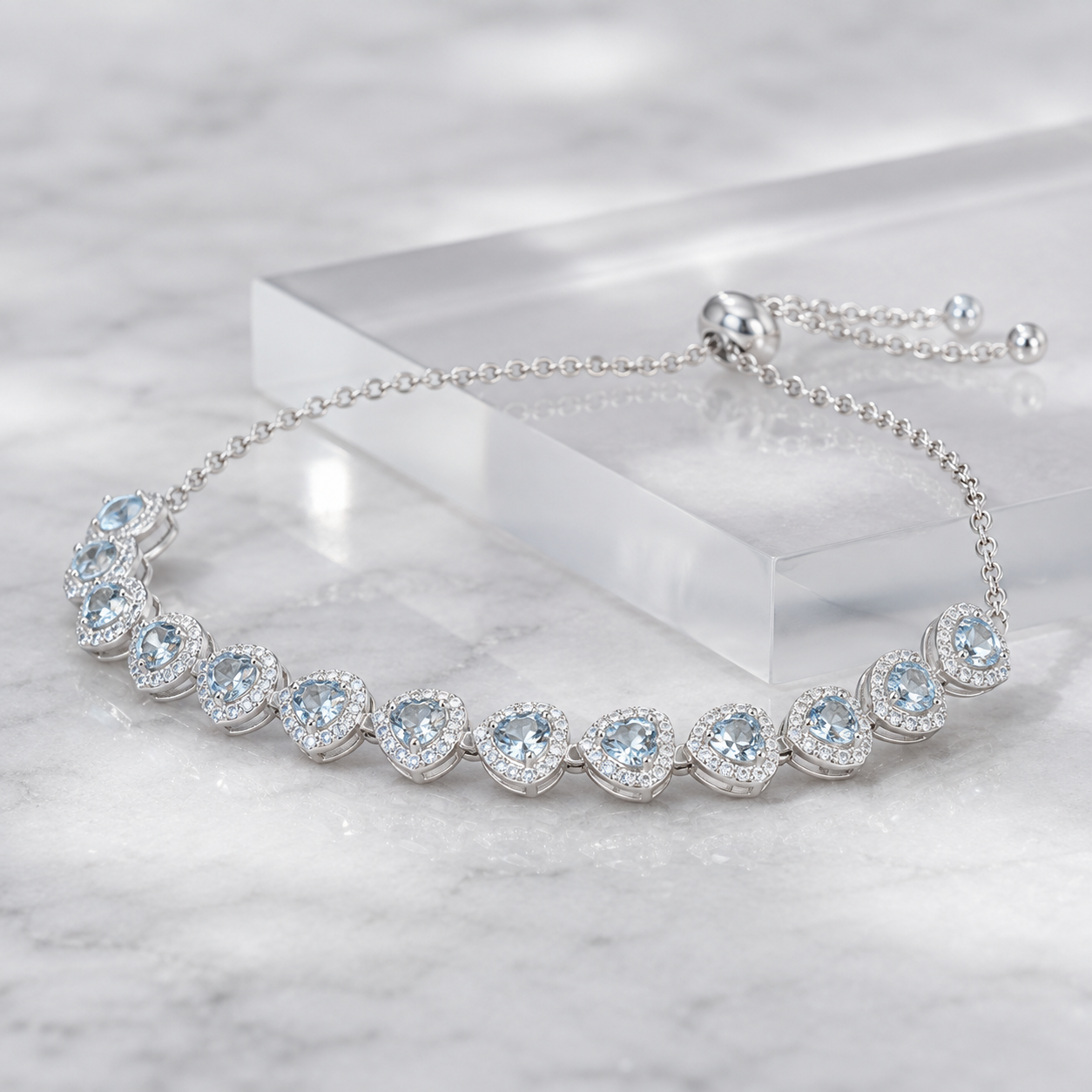 Natural Aquamarine Heart Bracelet in 925 Sterling Silver, 4mm Gemstones