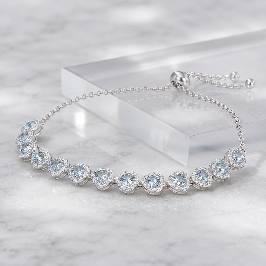 Natural Aquamarine Heart Bracelet in 925 Sterling Silver, 4mm Gemstones