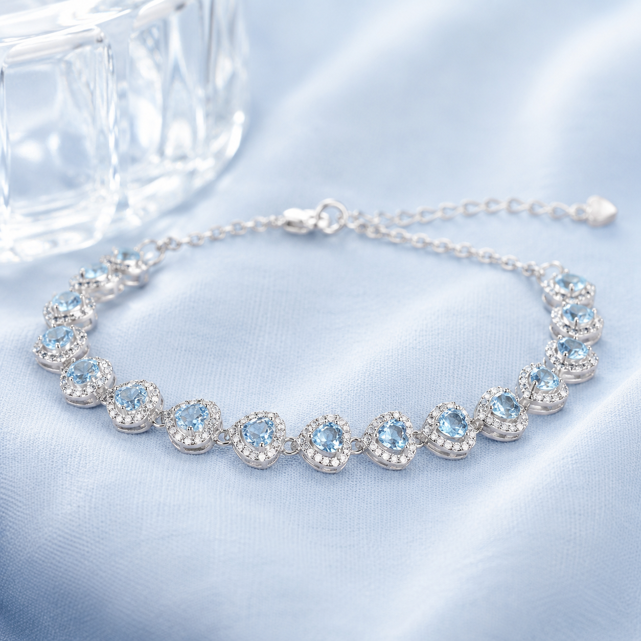 Natural Aquamarine Heart Bracelet in 925 Sterling Silver, 4mm Gemstones
