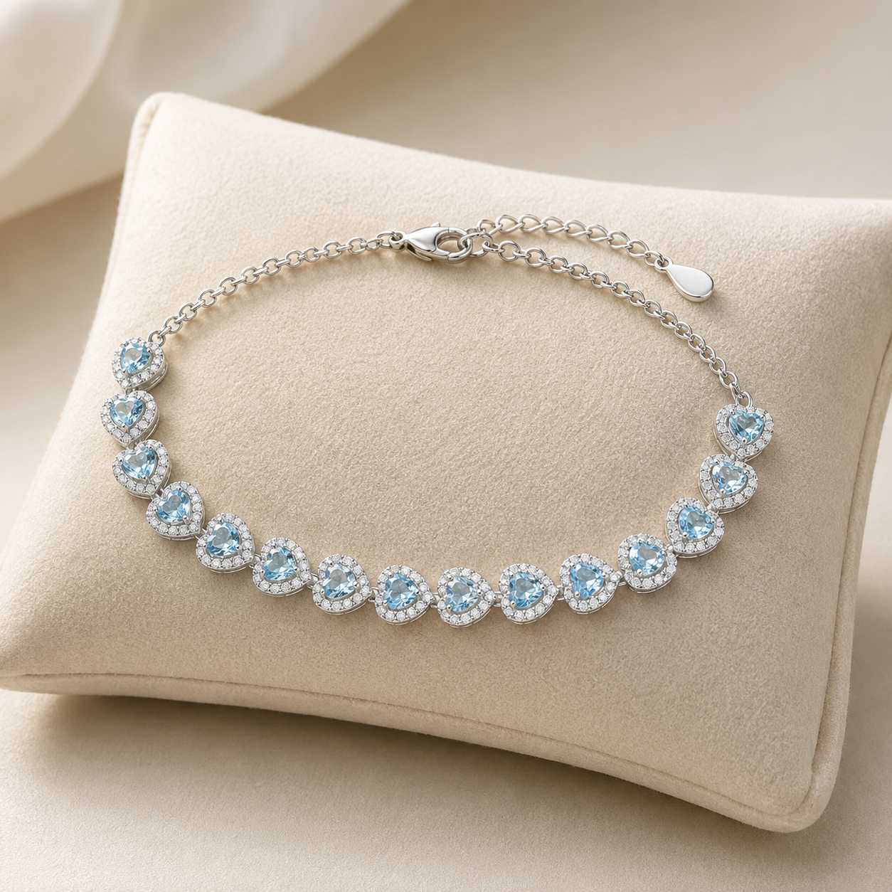 Natural Aquamarine Heart Bracelet in 925 Sterling Silver, 4mm Gemstones