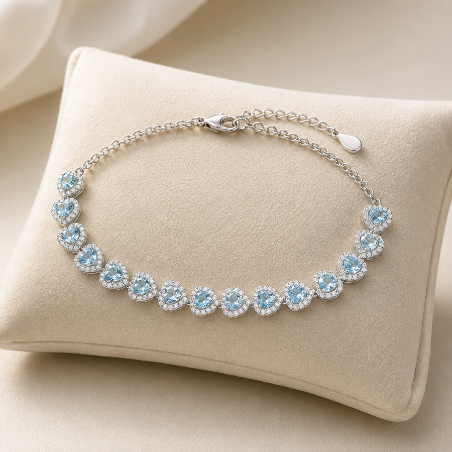 Natural Aquamarine Heart Bracelet in 925 Sterling Silver, 4mm Gemstones