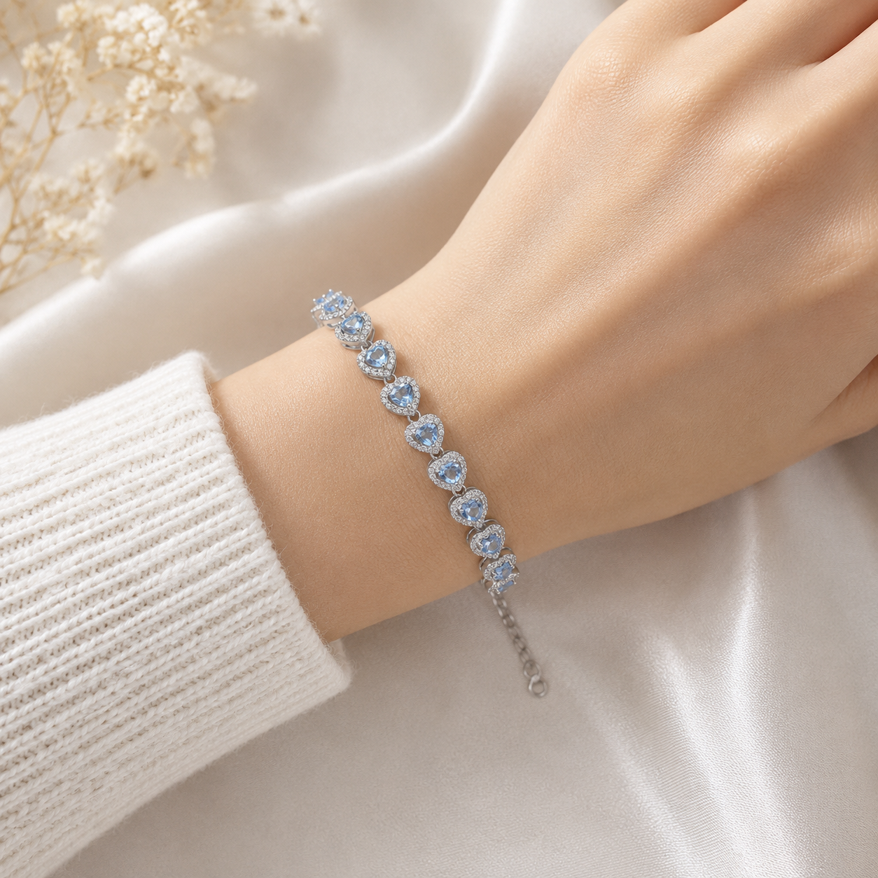 Natural Aquamarine Heart Bracelet in 925 Sterling Silver, 4mm Gemstones