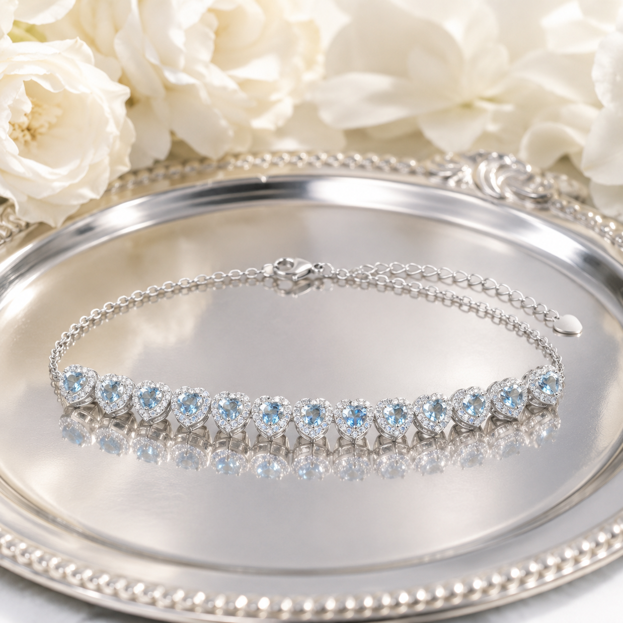 Natural Aquamarine Heart Bracelet in 925 Sterling Silver, 4mm Gemstones