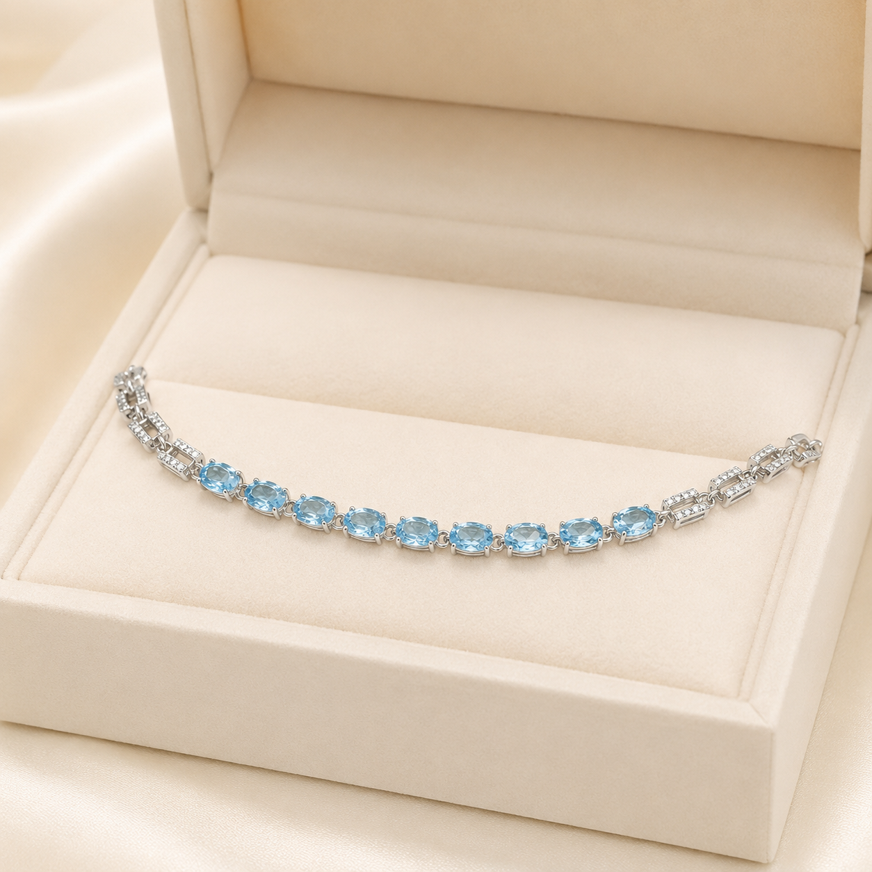 Natural Aquamarine Link Bracelet in 925 Sterling Silver, 4x6mm Gemstones