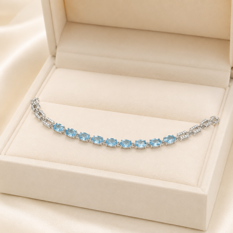 Natural Aquamarine Link Bracelet in 925 Sterling Silver, 4x6mm Gemstones