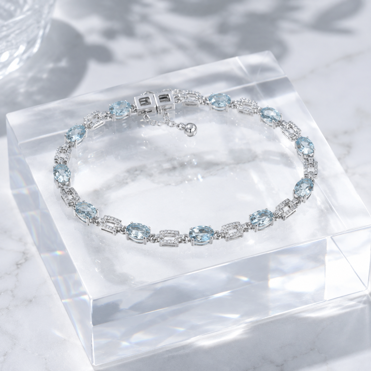 Natural Aquamarine Link Bracelet in 925 Sterling Silver, 4x6mm Gemstones