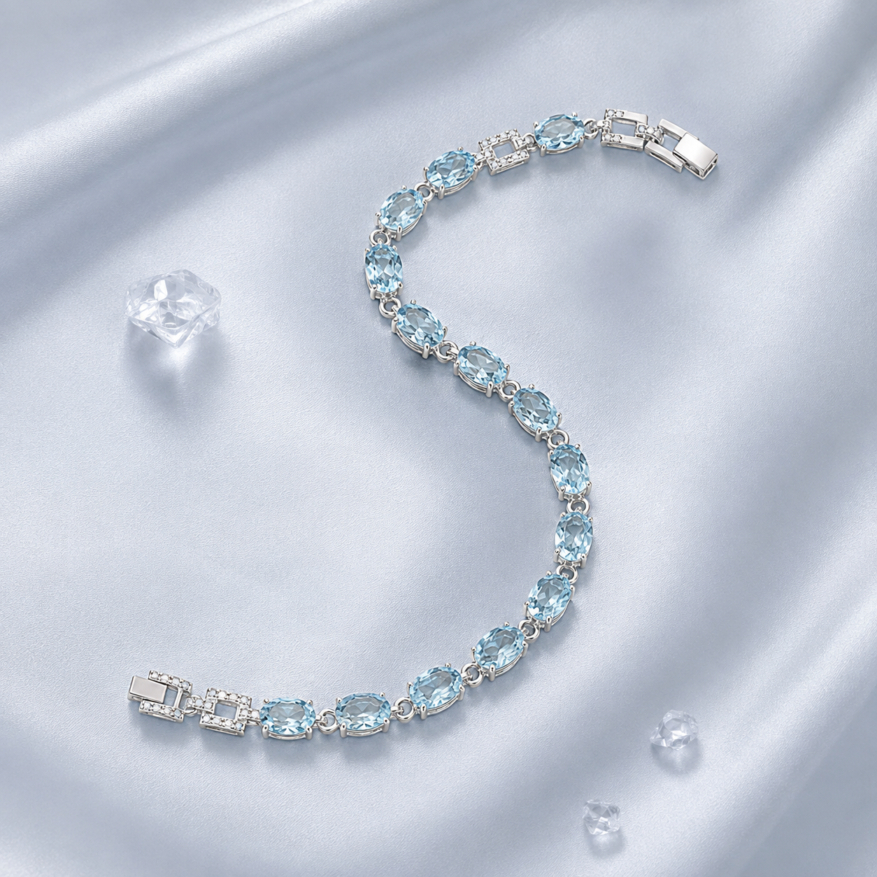 Natural Aquamarine Link Bracelet in 925 Sterling Silver, 4x6mm Gemstones