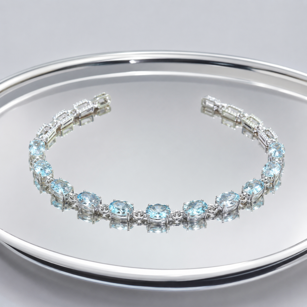 Natural Aquamarine Link Bracelet in 925 Sterling Silver, 4x6mm Gemstones