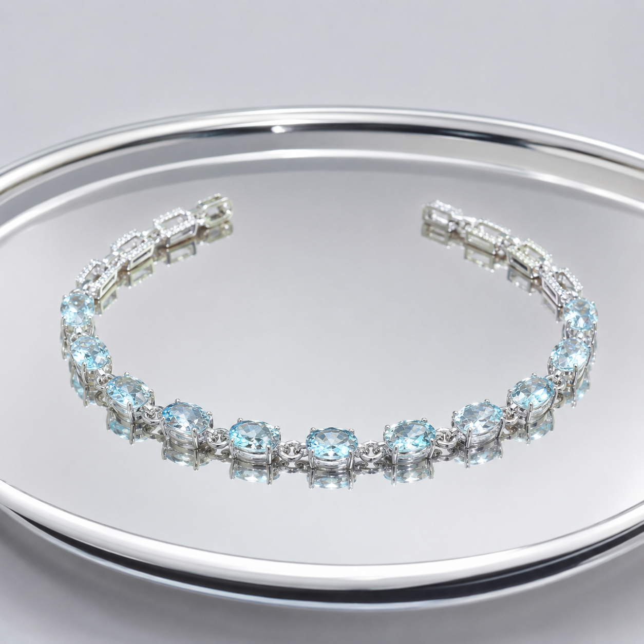 Natural Aquamarine Link Bracelet in 925 Sterling Silver, 4x6mm Gemstones