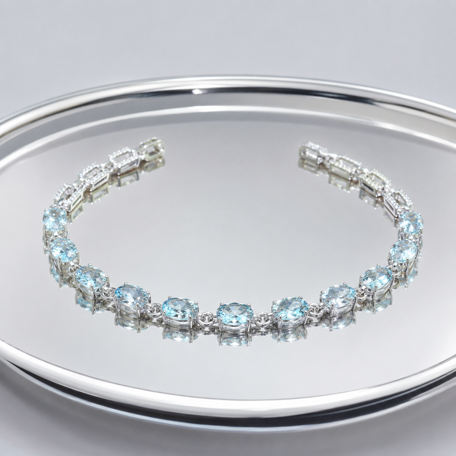 Natural Aquamarine Link Bracelet in 925 Sterling Silver, 4x6mm Gemstones