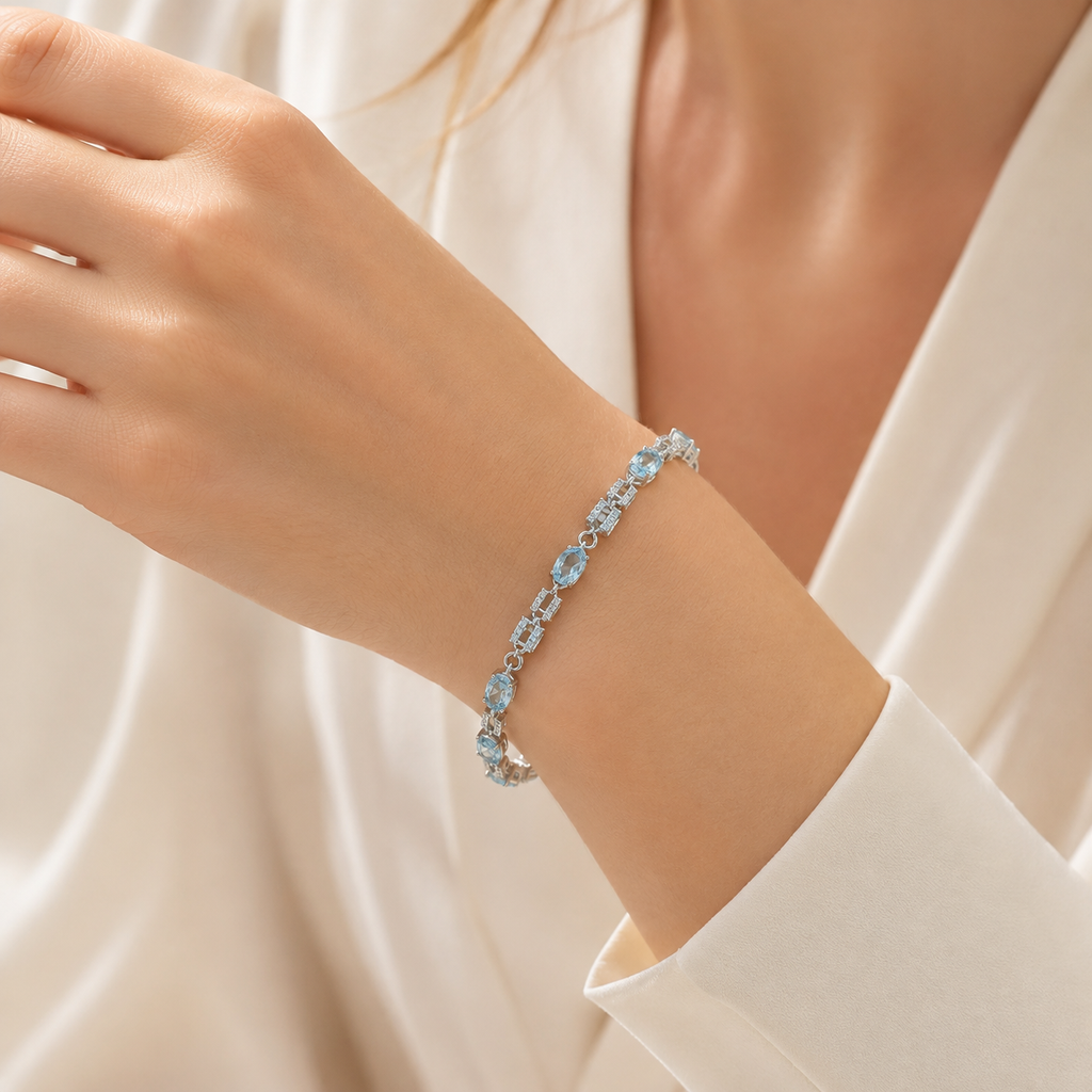 Natural Aquamarine Link Bracelet in 925 Sterling Silver, 4x6mm Gemstones