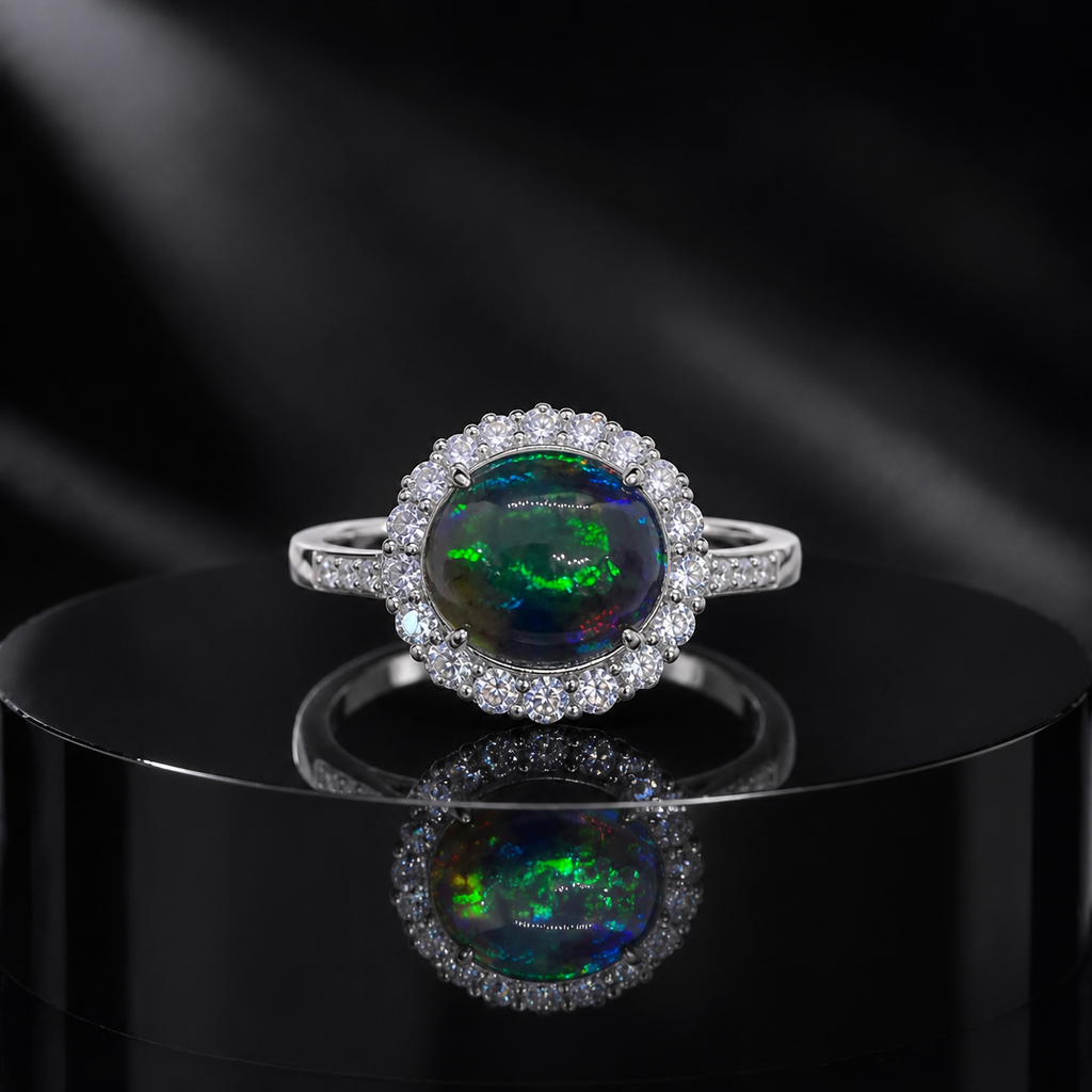 Natural Black Opal Halo Ring in 925 Sterling Silver, 9x11mm Gemstone