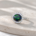 Natural Black Opal Halo Ring in 925 Sterling Silver, 9x11mm Gemstone