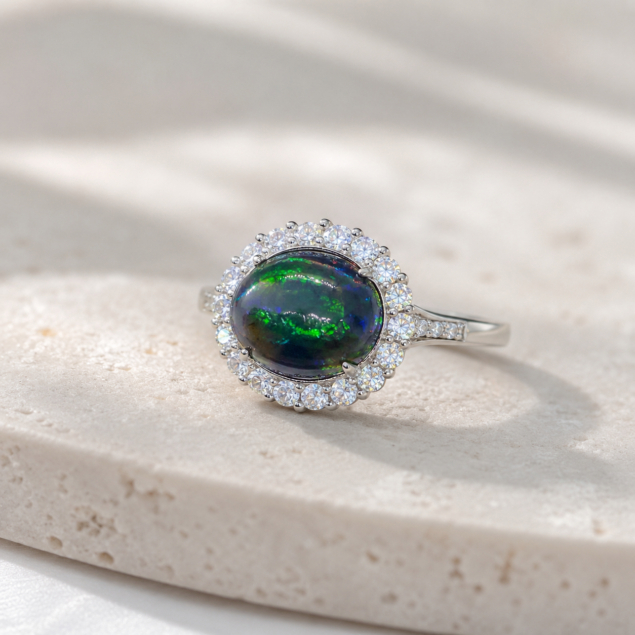 Natural Black Opal Halo Ring in 925 Sterling Silver, 9x11mm Gemstone