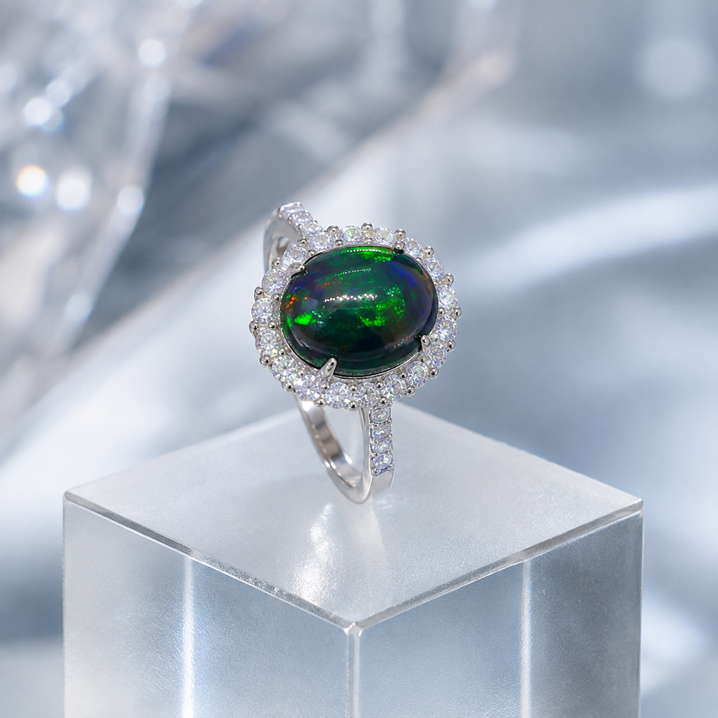 Natural Black Opal Halo Ring in 925 Sterling Silver, 9x11mm Gemstone
