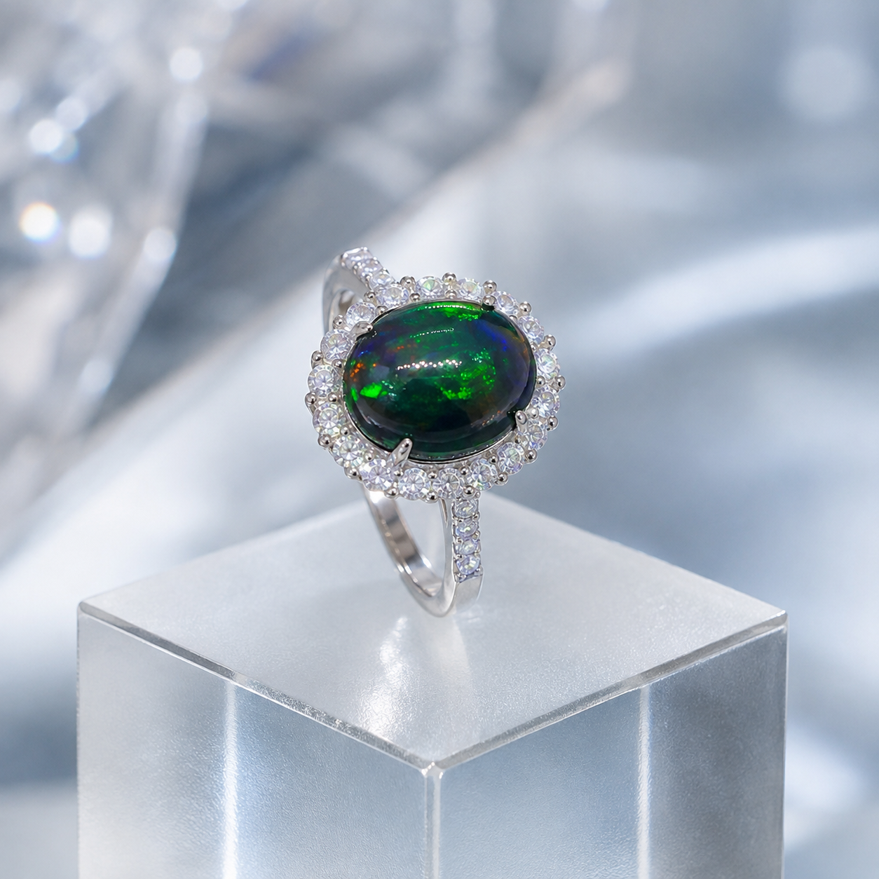 Natural Black Opal Halo Ring in 925 Sterling Silver, 9x11mm Gemstone