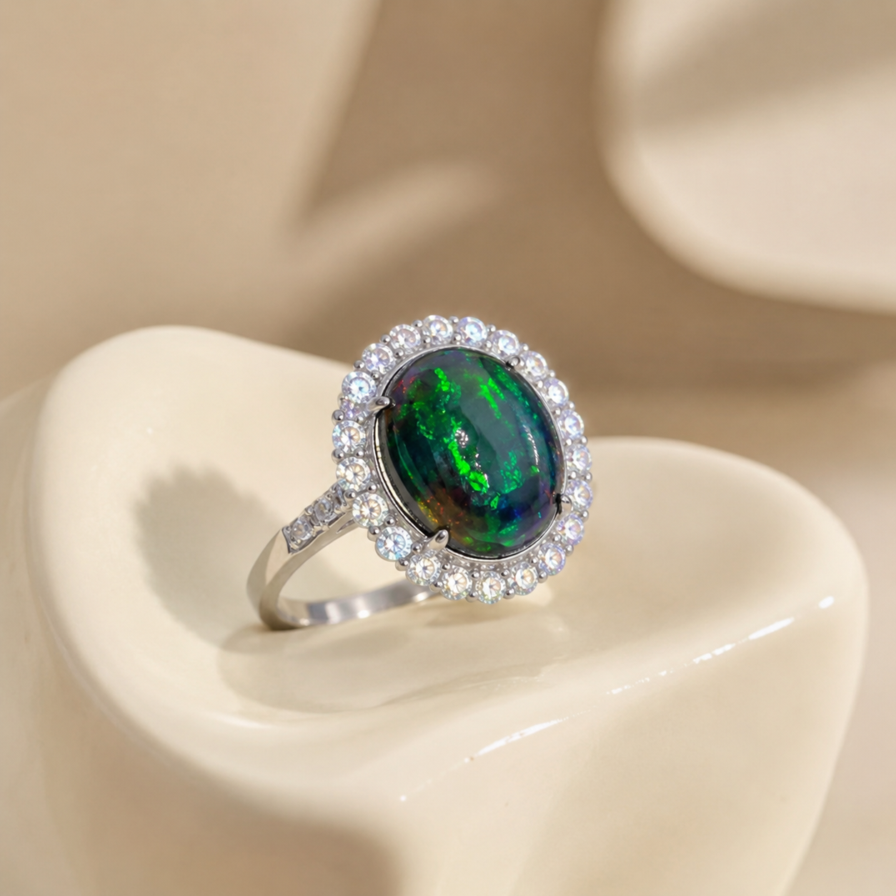 Natural Black Opal Halo Ring in 925 Sterling Silver, 9x11mm Gemstone