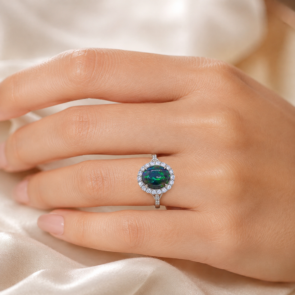Natural Black Opal Halo Ring in 925 Sterling Silver, 9x11mm Gemstone
