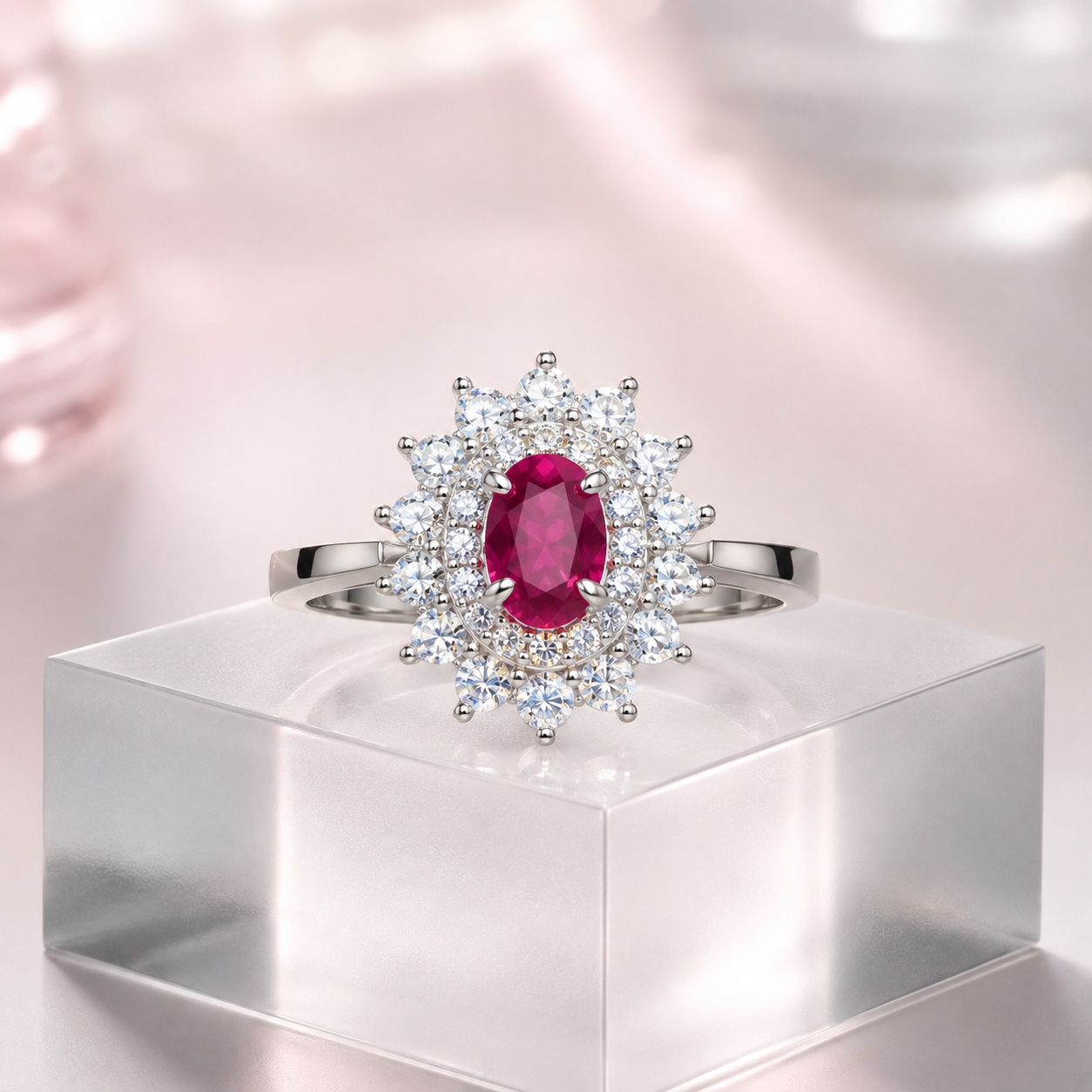 Natural Ruby Floral Halo Ring in 925 Sterling Silver, 4x6mm Gemstone