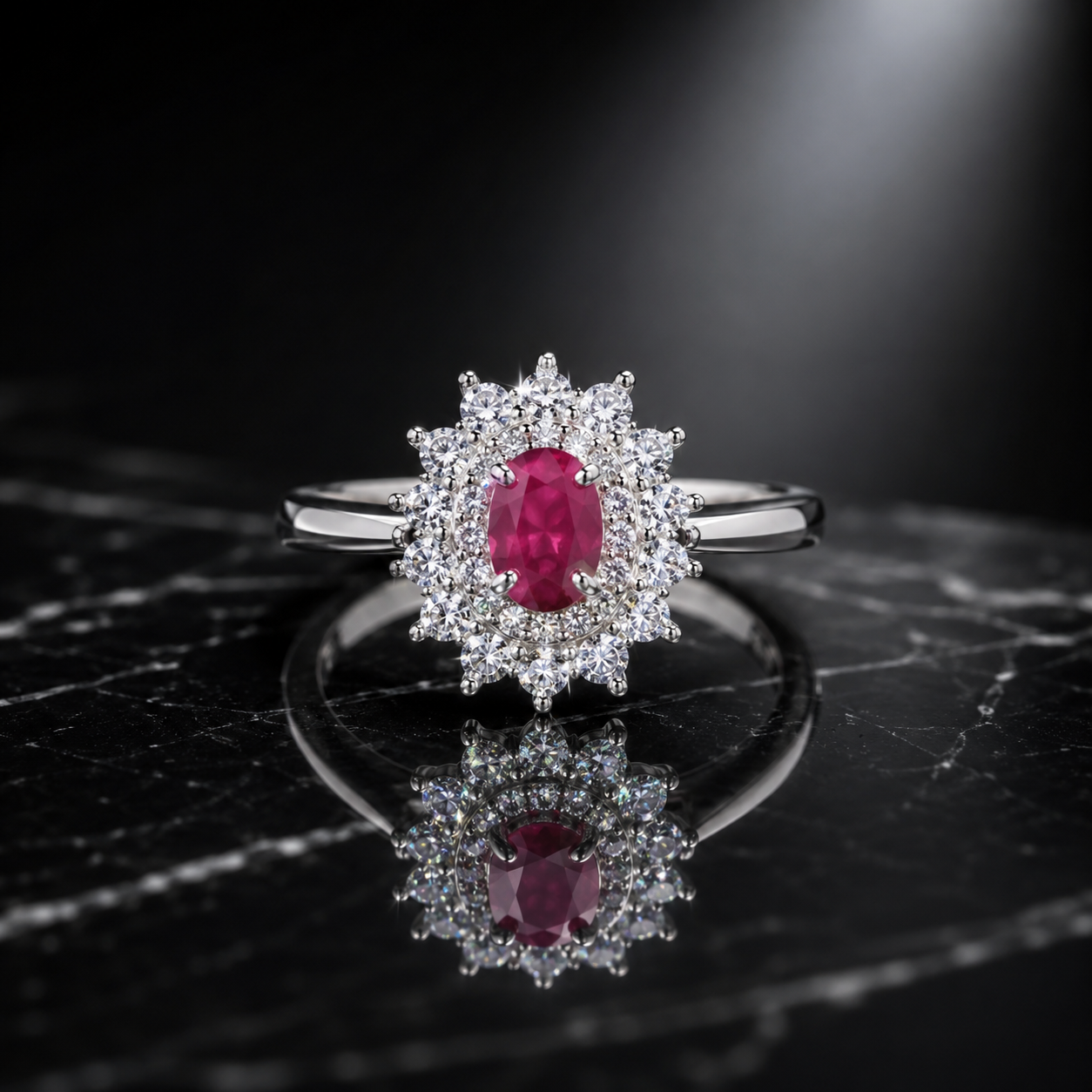 Natural Ruby Floral Halo Ring in 925 Sterling Silver, 4x6mm Gemstone