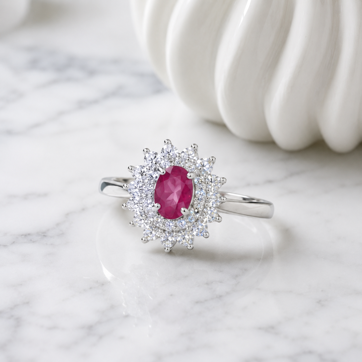 Natural Ruby Floral Halo Ring in 925 Sterling Silver, 4x6mm Gemstone