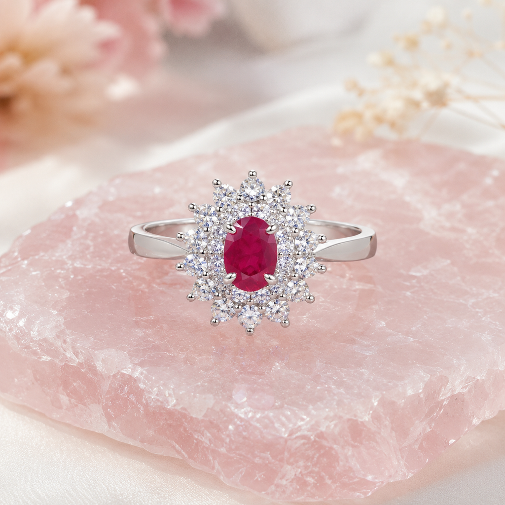 Natural Ruby Floral Halo Ring in 925 Sterling Silver, 4x6mm Gemstone