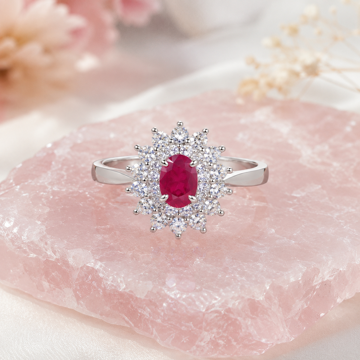 Natural Ruby Floral Halo Ring in 925 Sterling Silver, 4x6mm Gemstone