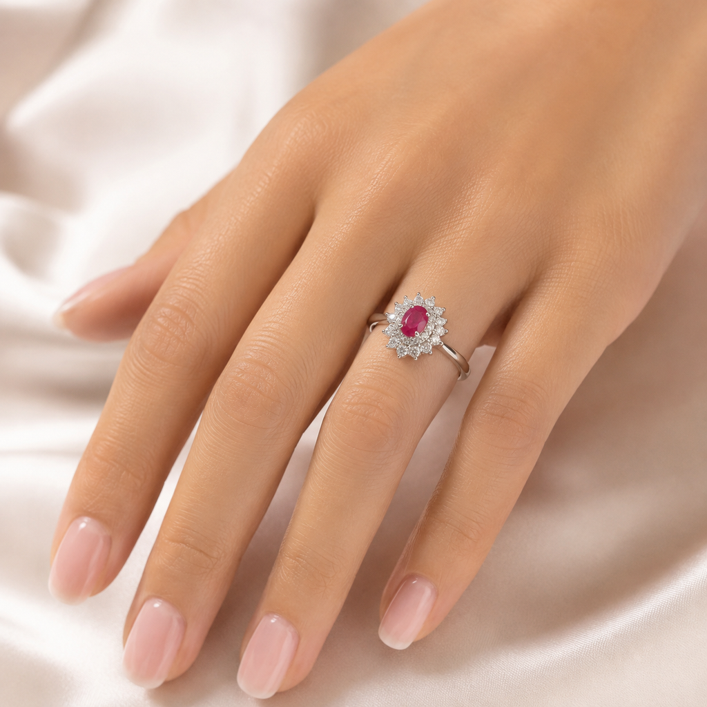 Natural Ruby Floral Halo Ring in 925 Sterling Silver, 4x6mm Gemstone