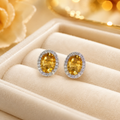 Natural Citrine Halo Stud Earrings in 925 Sterling Silver, 5x7mm Gemstones